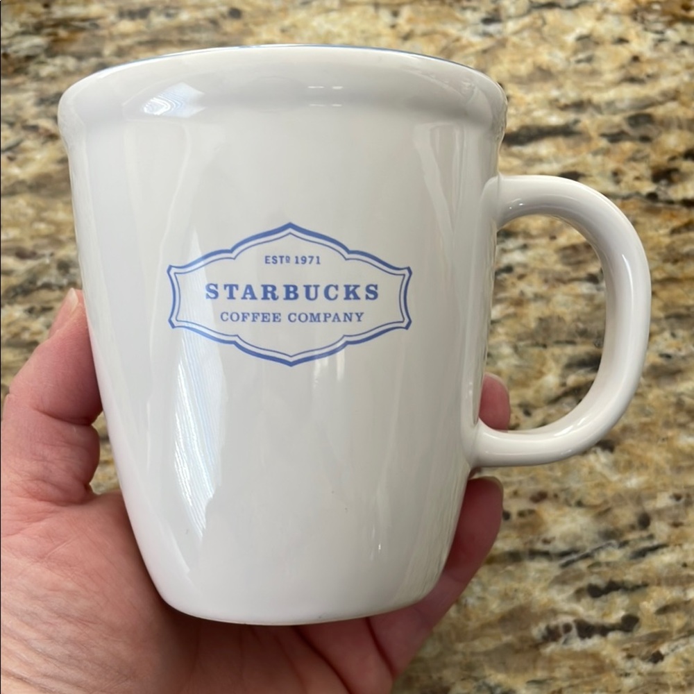 🌎2006 Starbucks Abbey Badge Logo Est. 1971 White Coffee Mug Periwinkle Int. 13oz